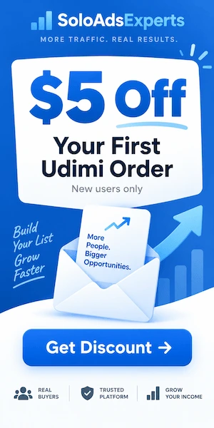 Udimi discount banner for a first solo ad order
