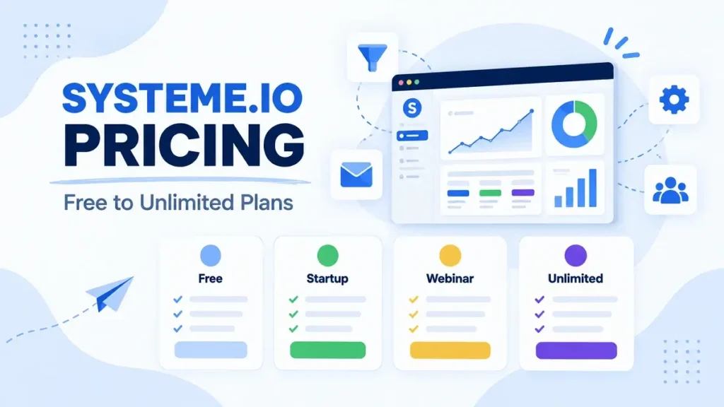 Systeme.io pricing guide with funnels, email marketing, contacts and automation tools