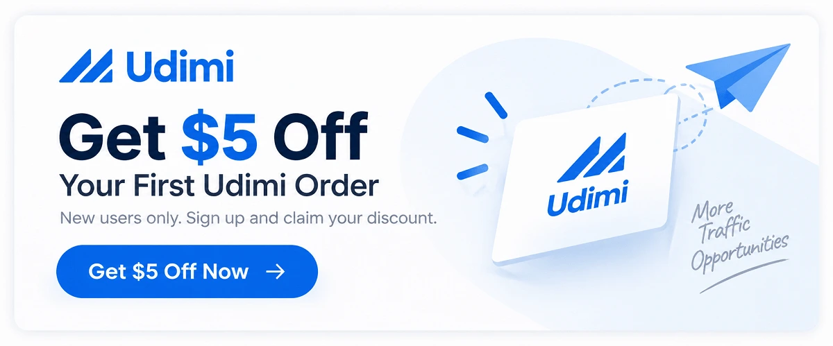 Get $5 off your first Udimi solo ad order as a new user. See how the Udimi discount works and claim your welcome offer.